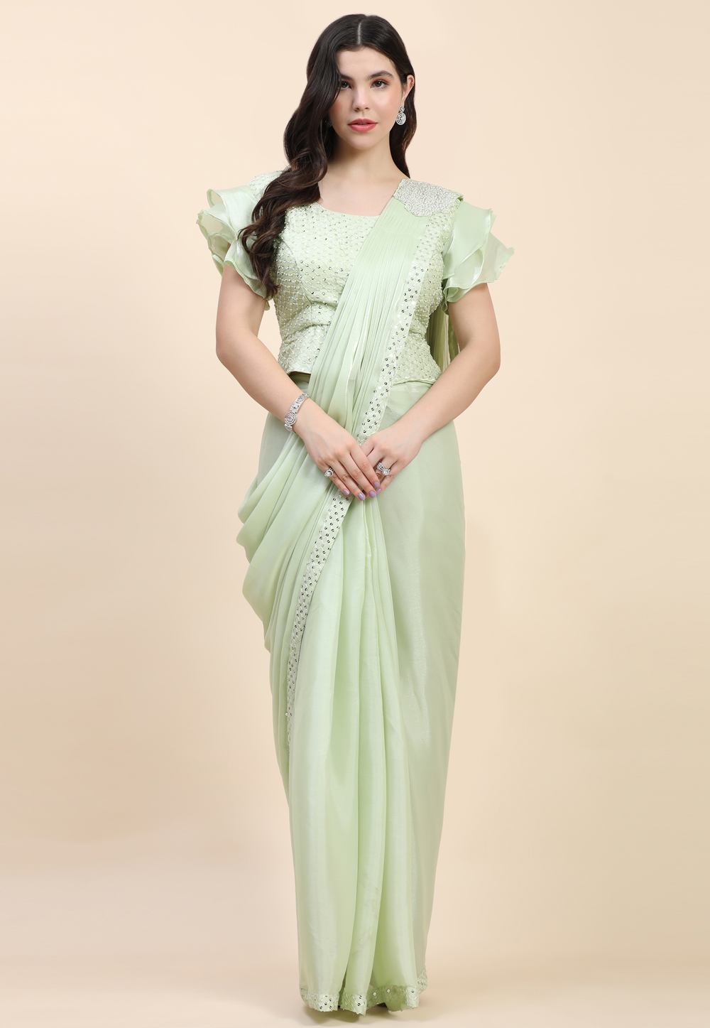 Pista Green Satin Silk Saree With Blouse 270895