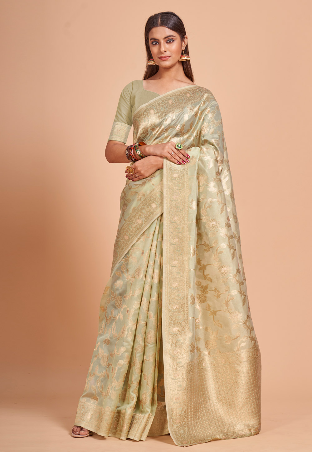 Pista Green Organza Saree With Blouse 270902