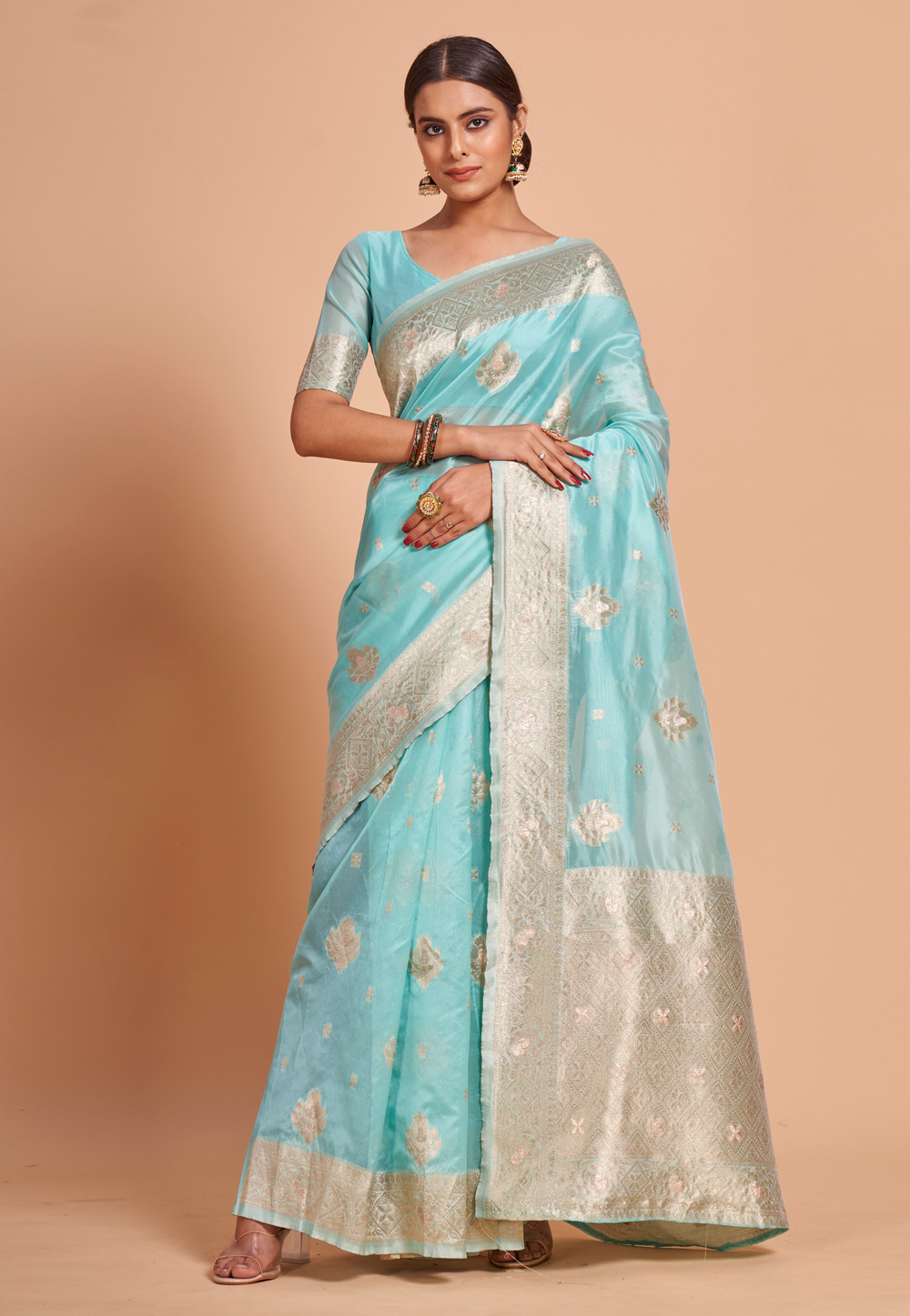Sky Blue Organza Saree With Blouse 270903