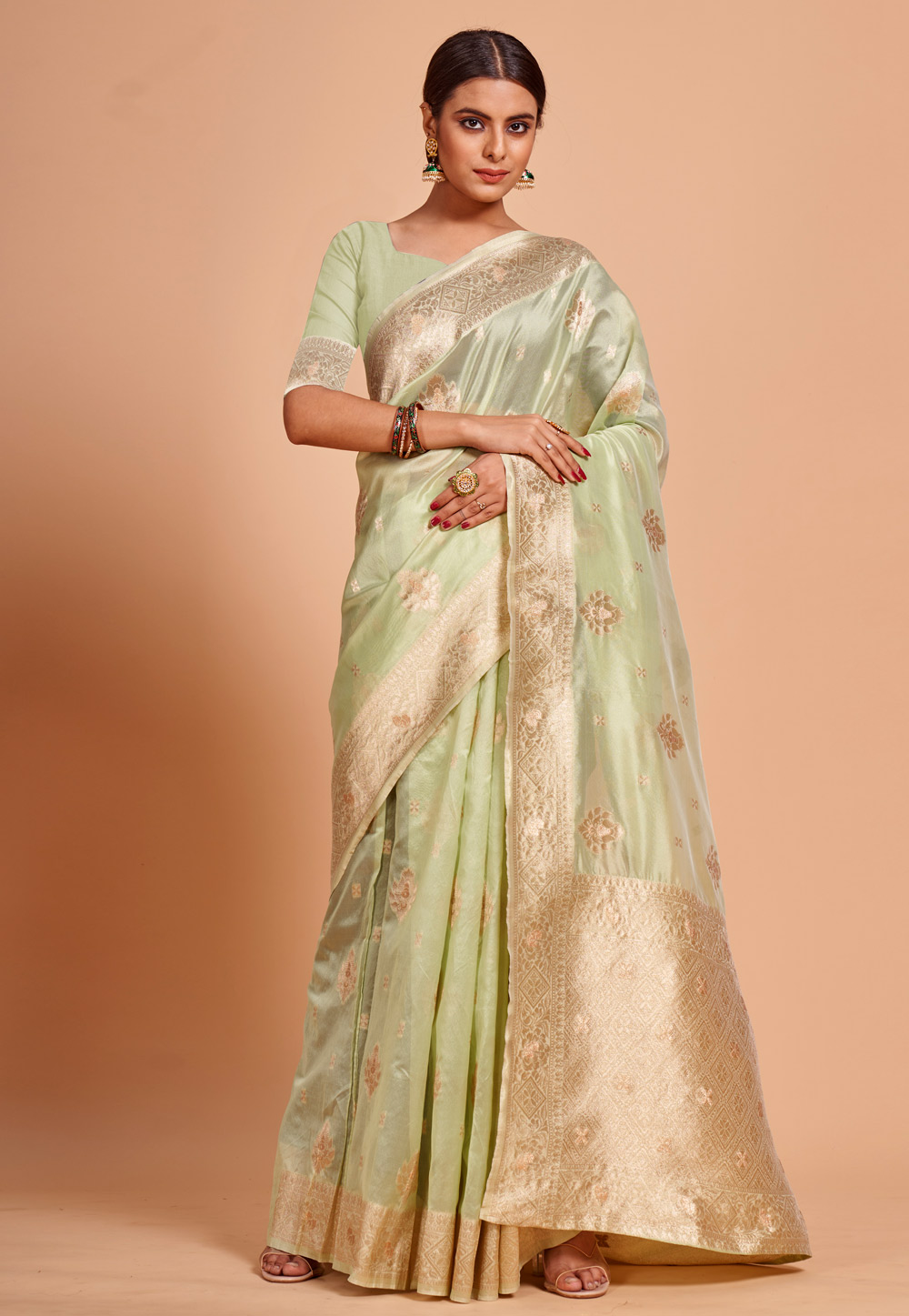 Pista Green Organza Saree With Blouse 270908