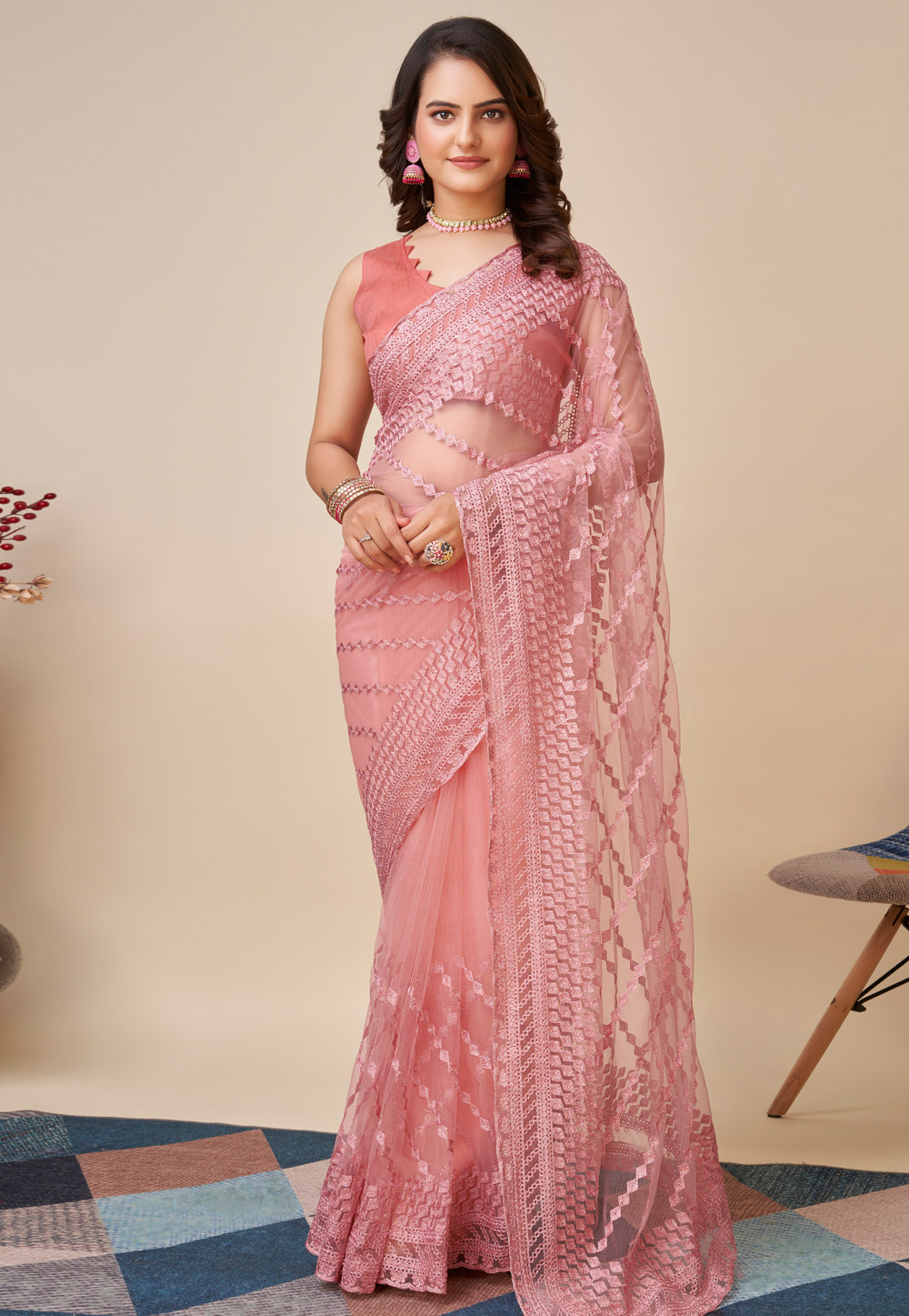 Pink Soft Net Saree With Blouse 270911