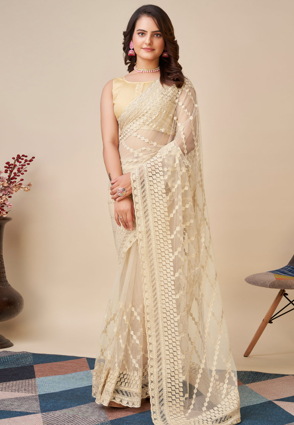 Beige Soft Net Saree With Blouse 270914