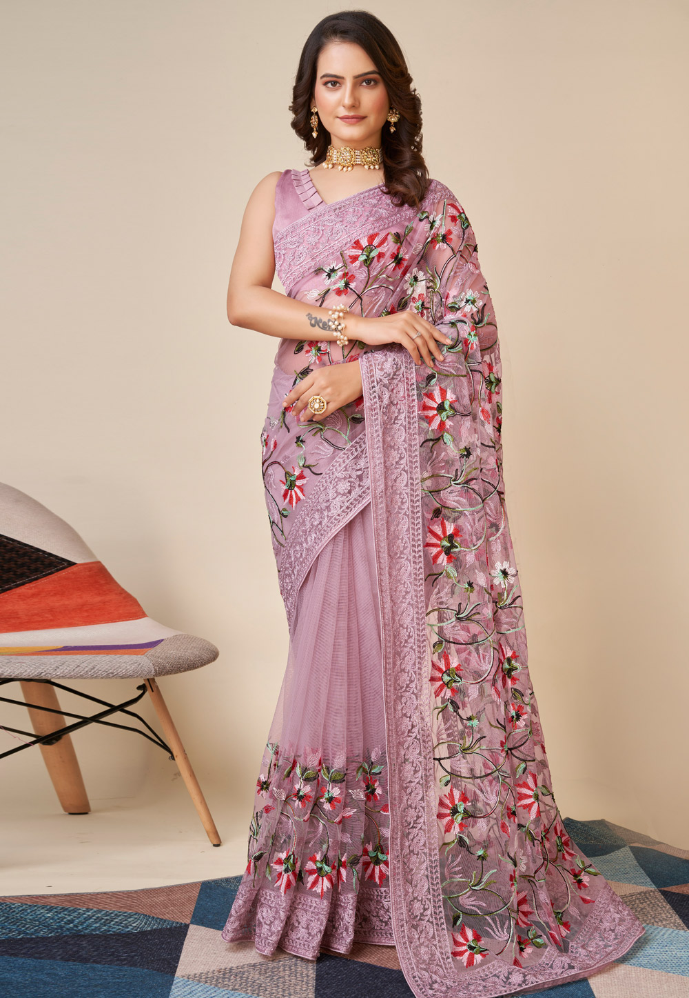 Light Pink Soft Net Saree With Blouse 271028