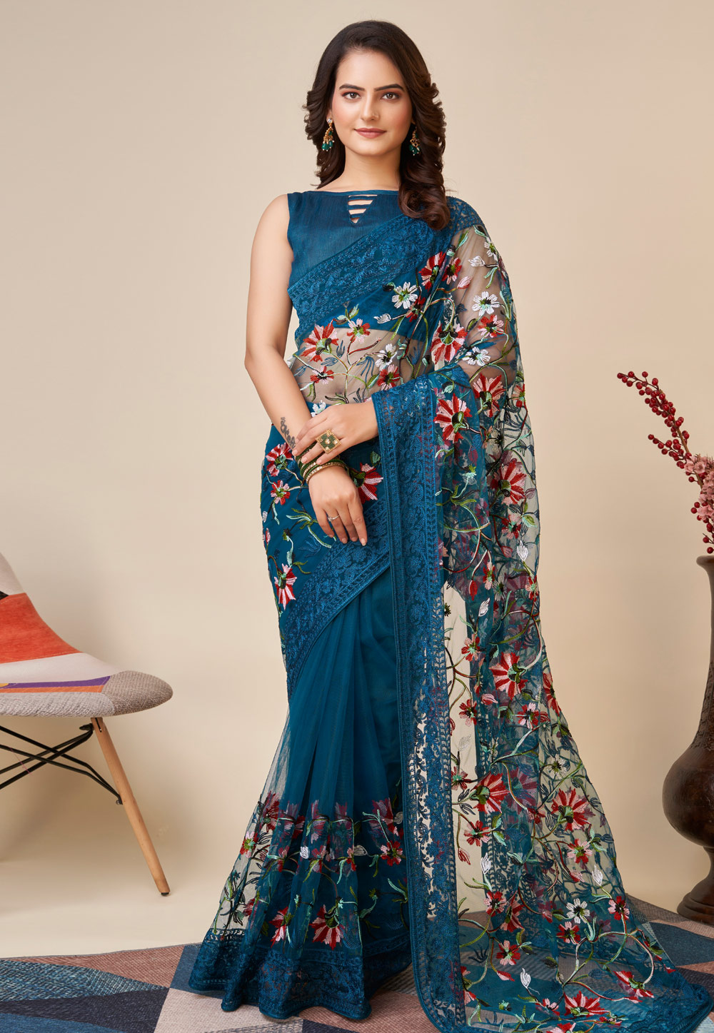 Navy Blue Soft Net Saree With Blouse 271029