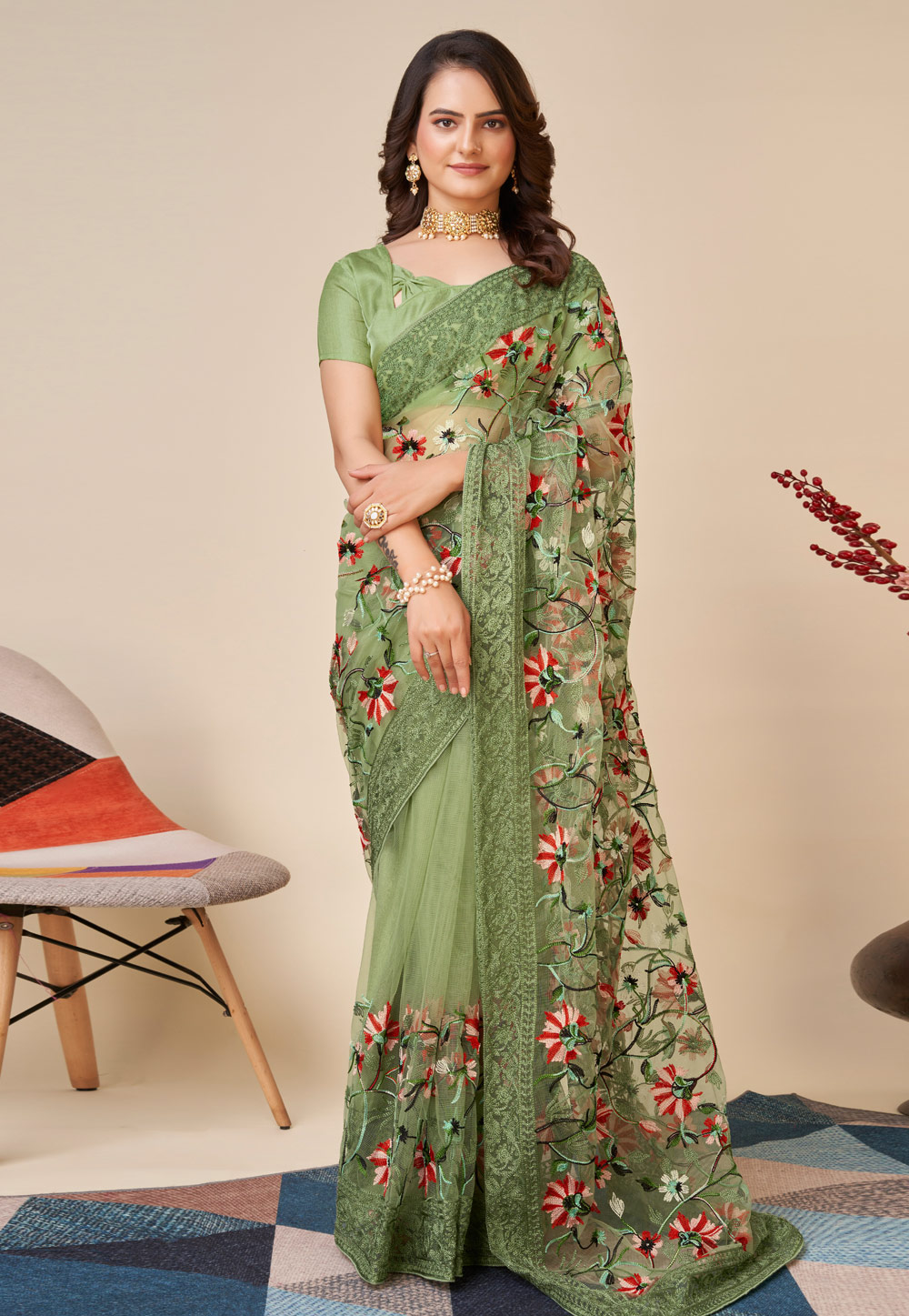 Pista Green Soft Net Saree With Blouse 271030