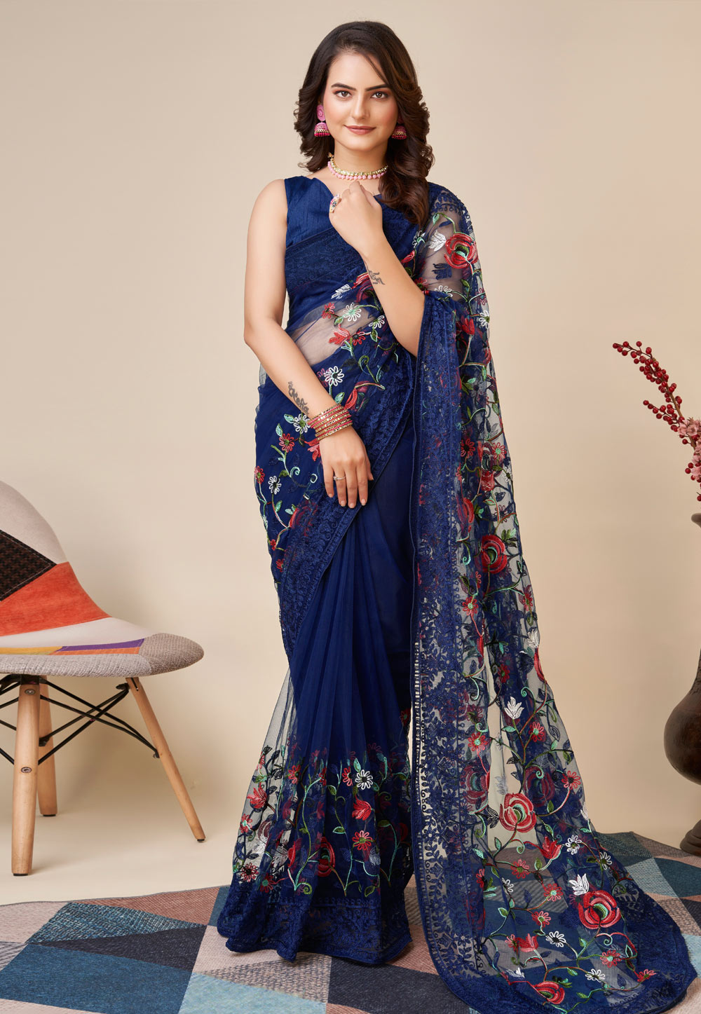 Navy Blue Soft Net Saree With Blouse 271111