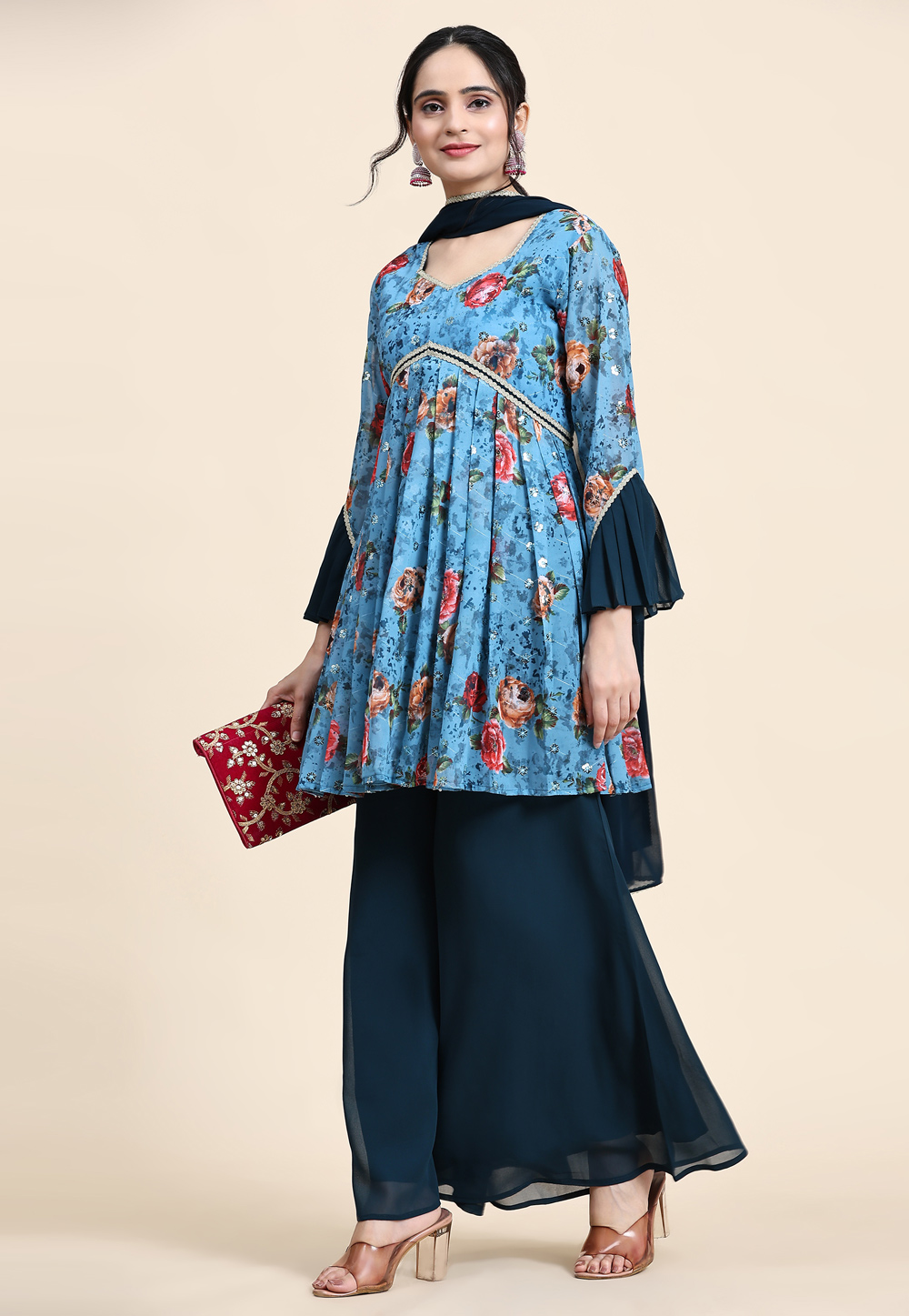 Blue Georgette Readymade Palazzo Suit 271247