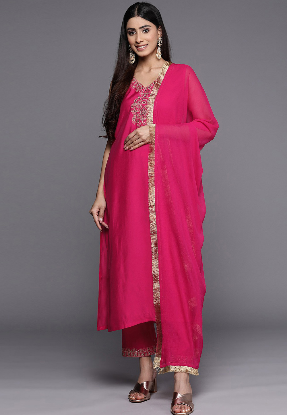 Magenta Viscose Rayon Readymade Palazzo Suit 271134