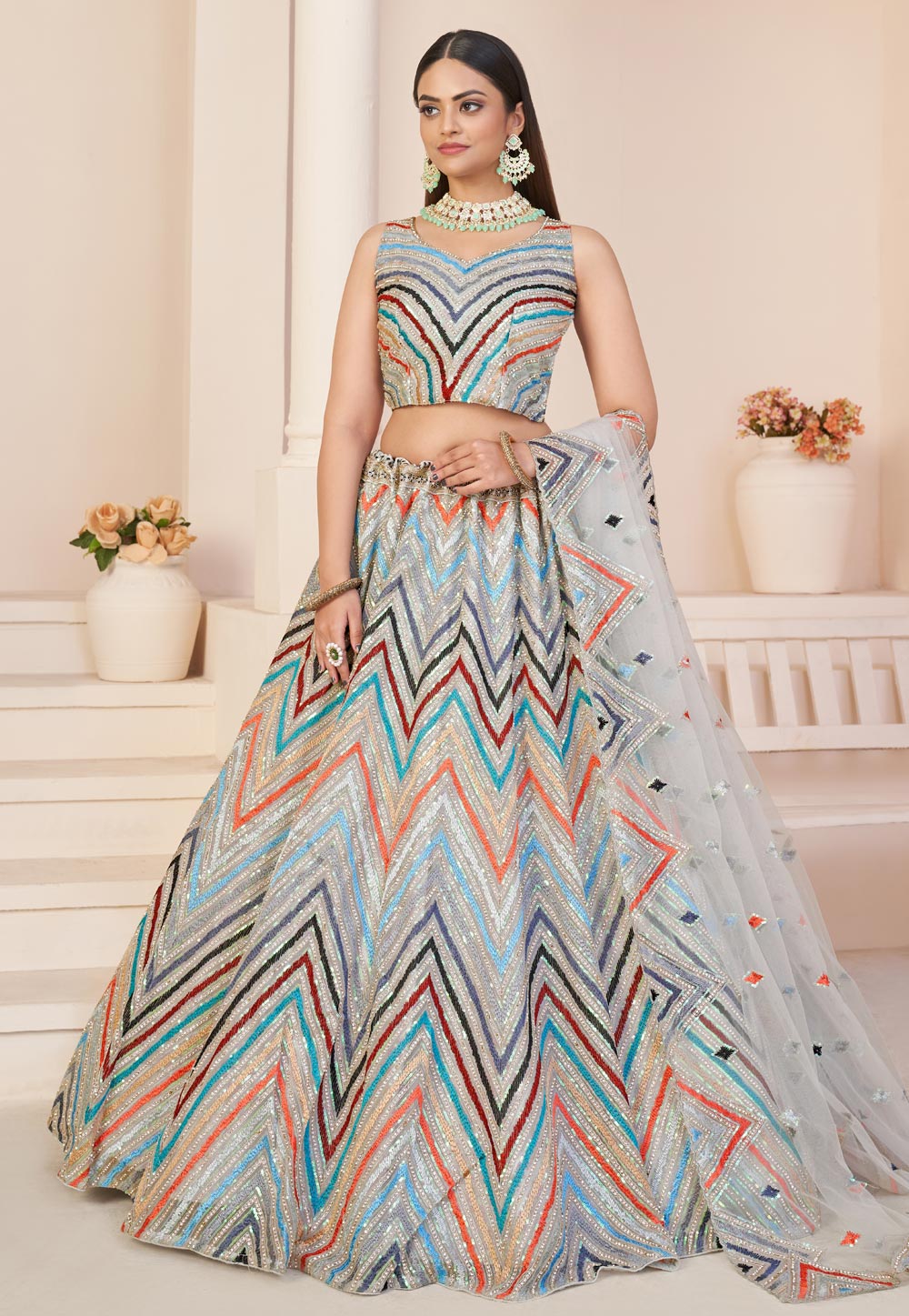 Grey Net Sequin Lehenga Choli 271438