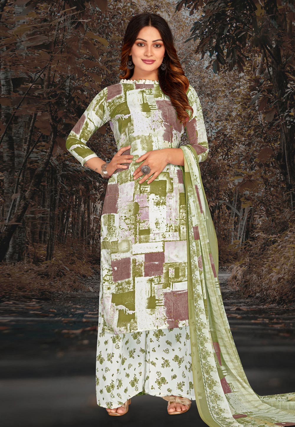 Mehndi Crepe Palazzo Suit 271628