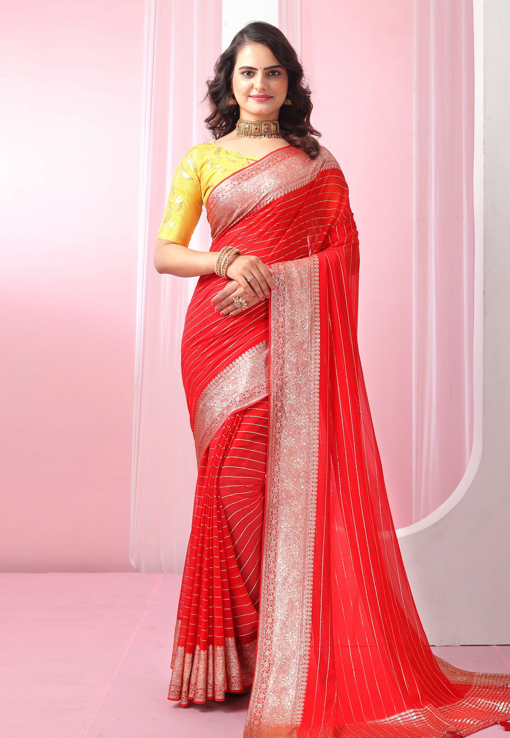 Red Viscose Georgette Saree With Blouse 271390