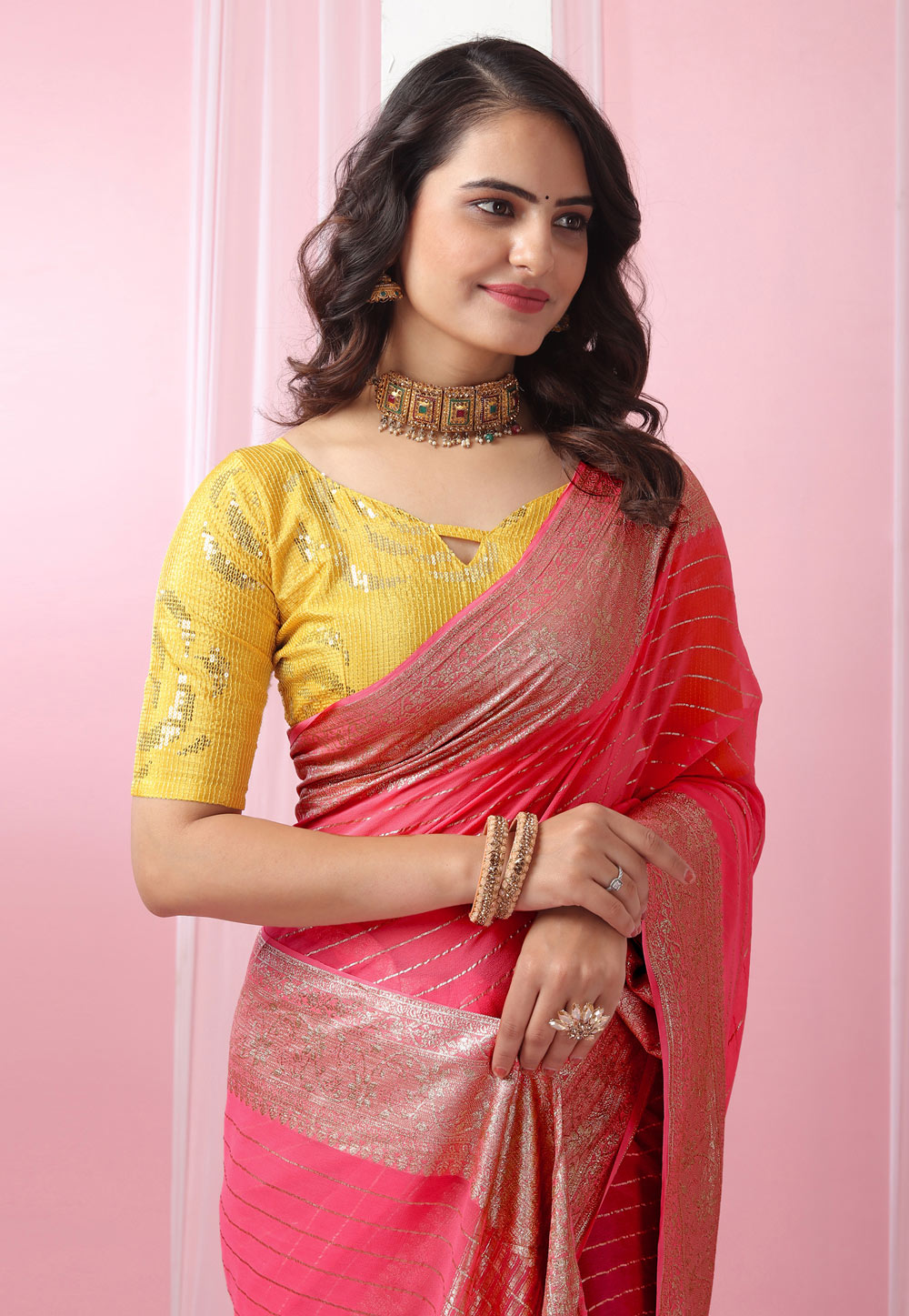 Printed,lace border Georgette Pink Saree with Blouse - SR24623