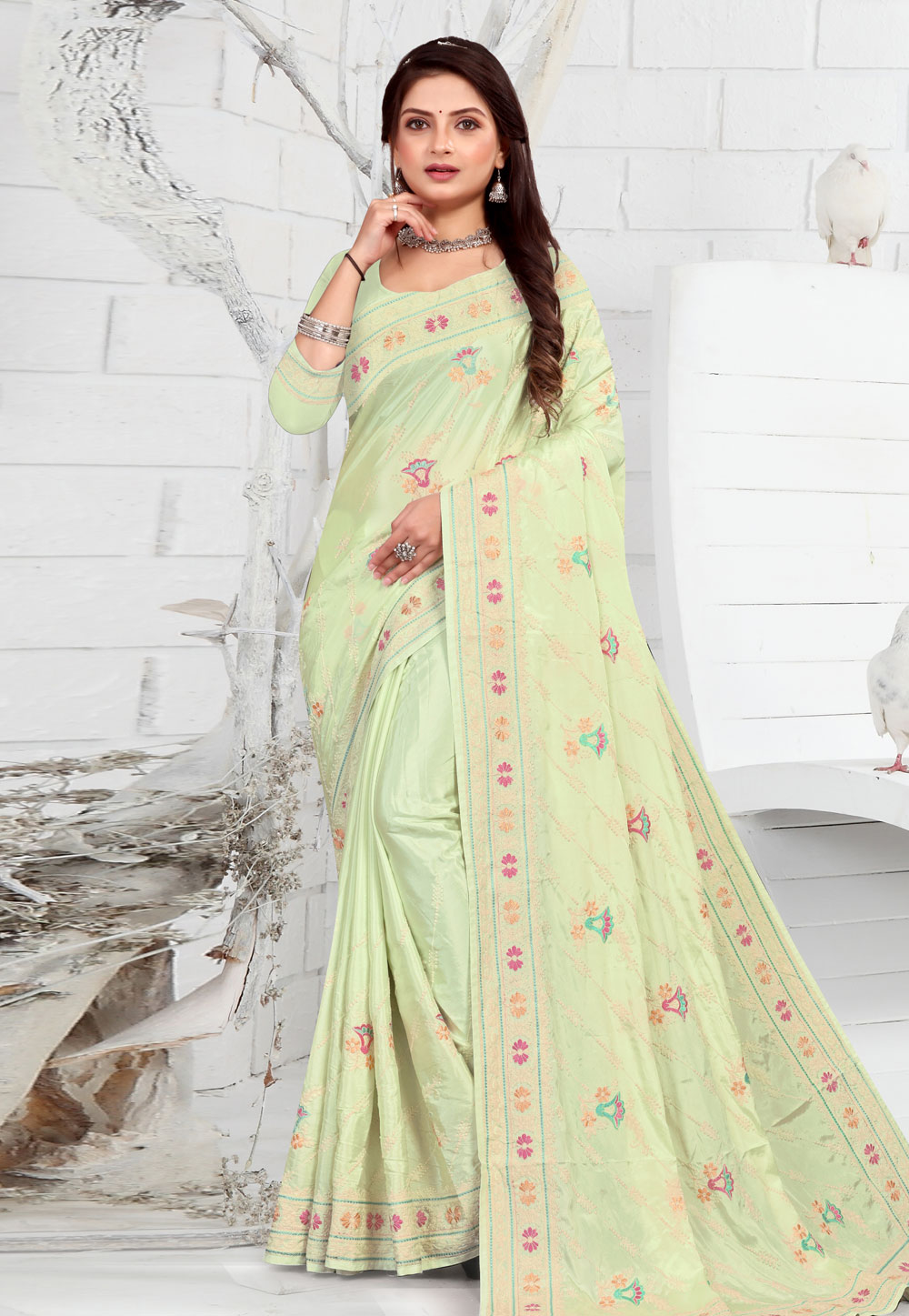 Pista Green Crepe Saree With Blouse 271977