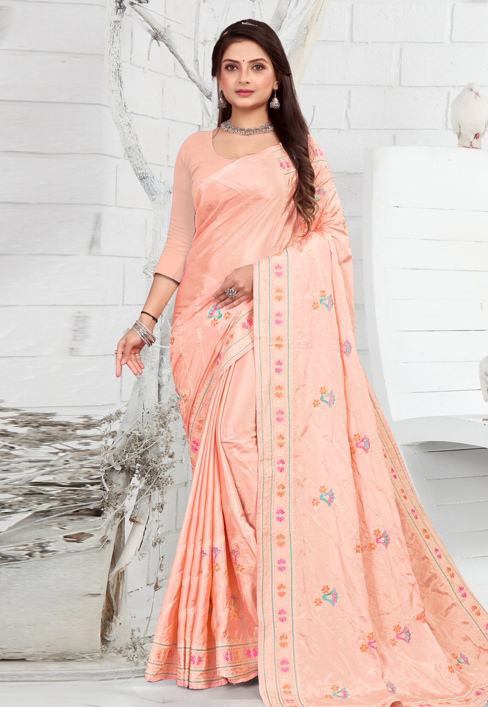 Peach Crepe Saree With Blouse 271979