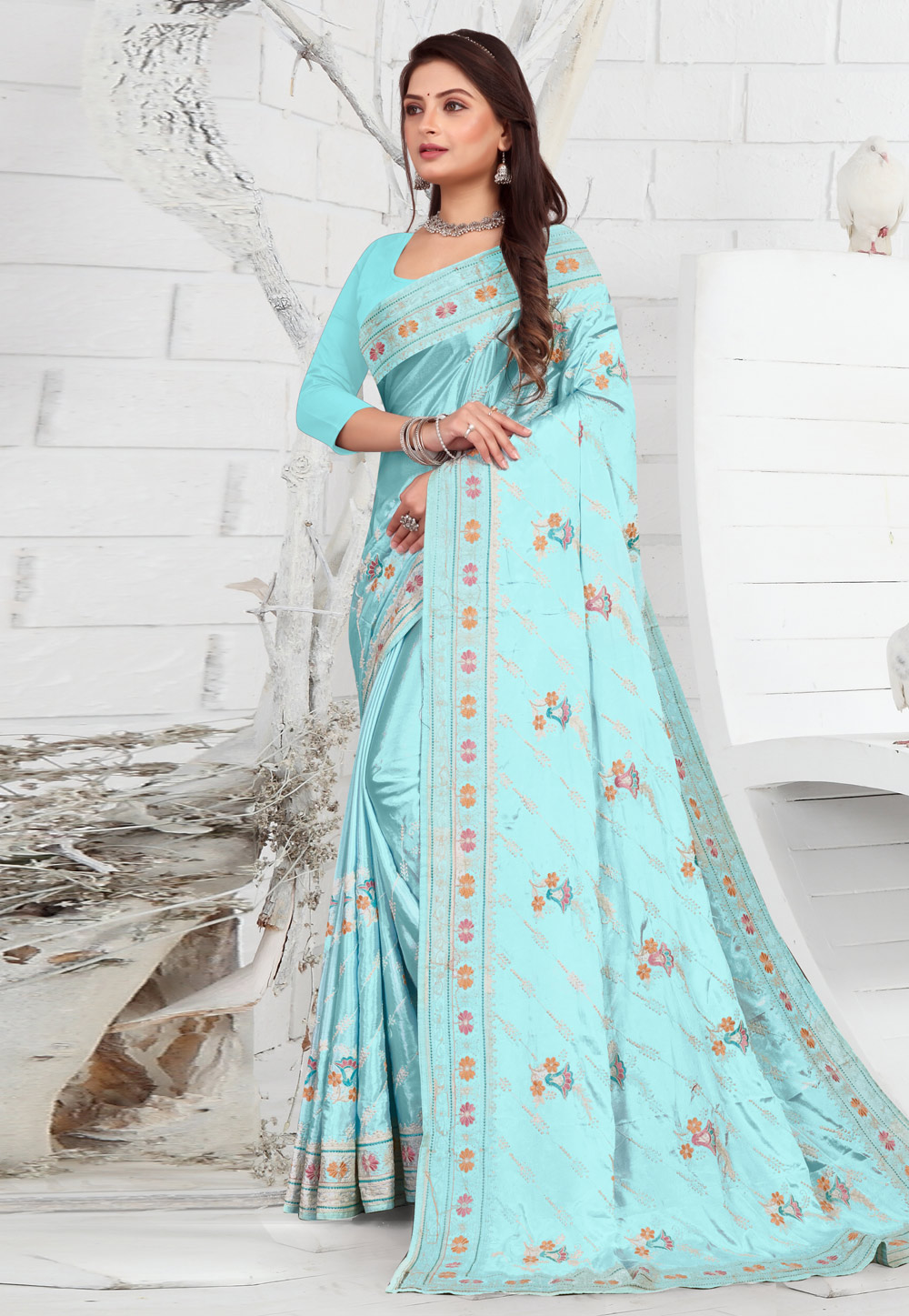 Sky Blue Crepe Saree With Blouse 271980