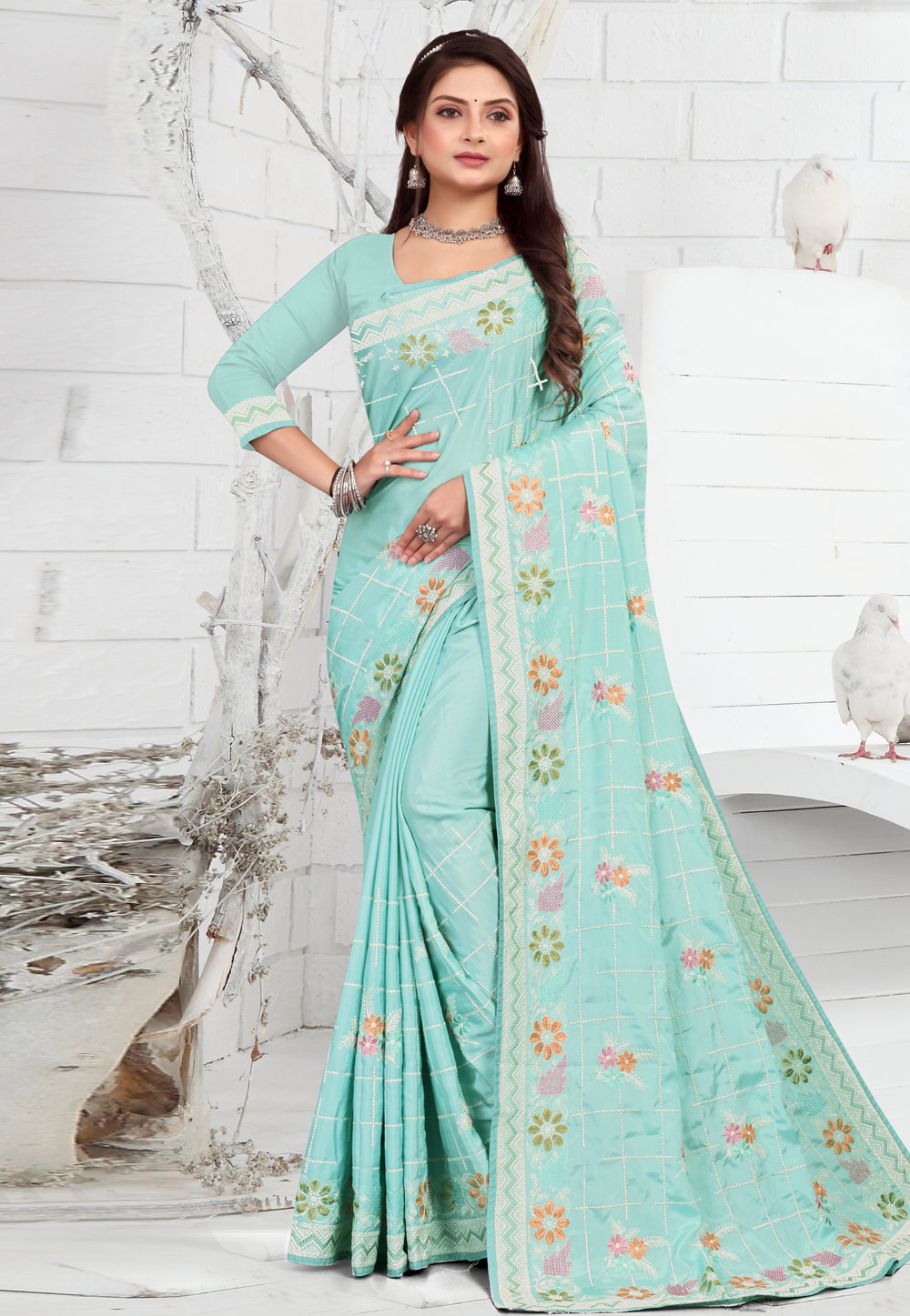 Sky Blue Crepe Saree With Blouse 271982