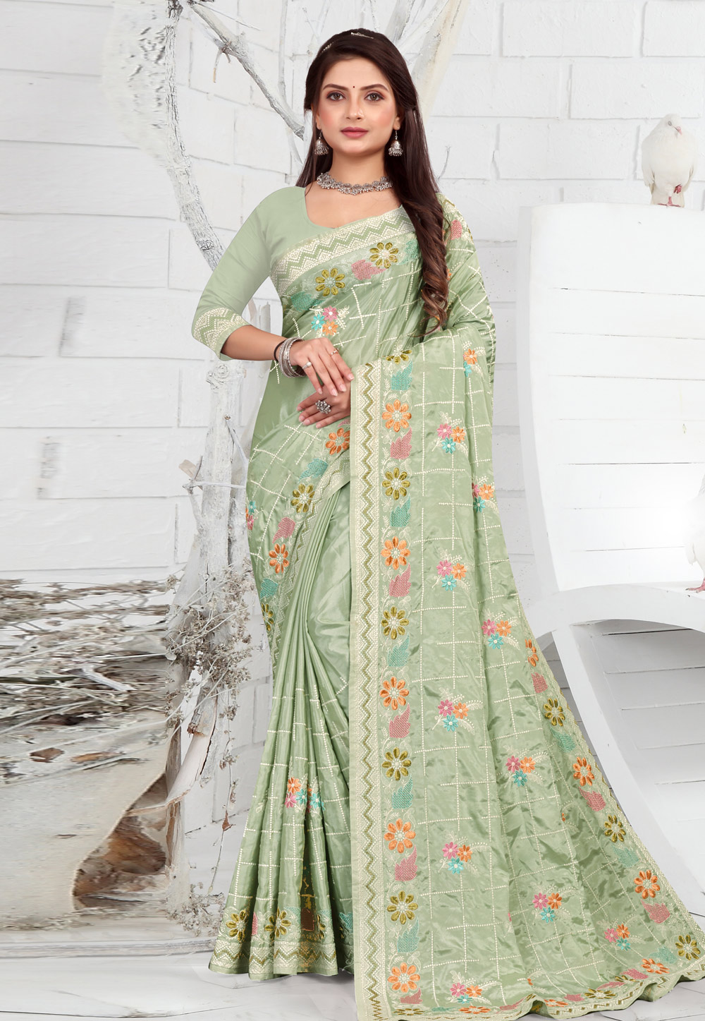 Sea Green Crepe Saree With Blouse 271983