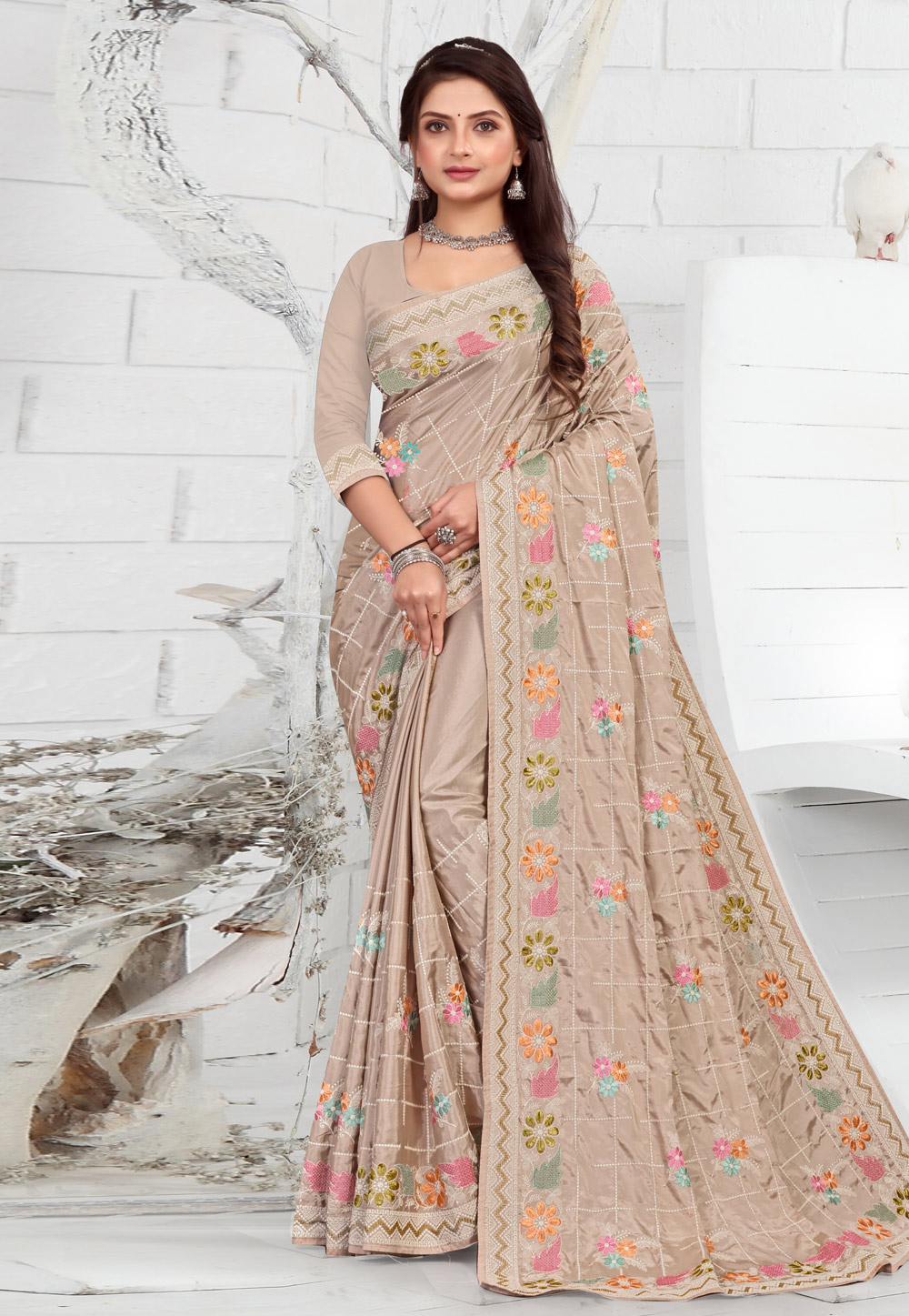 Light Brown Crepe Saree With Blouse 271984