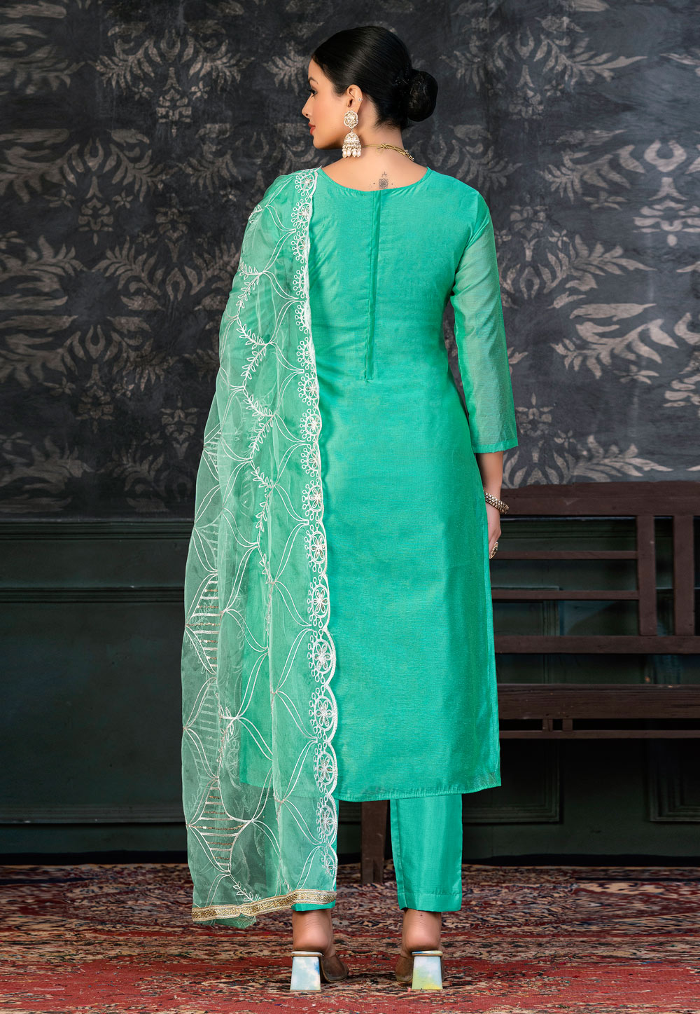 Sea Green Organza Pant Style Suit 272368