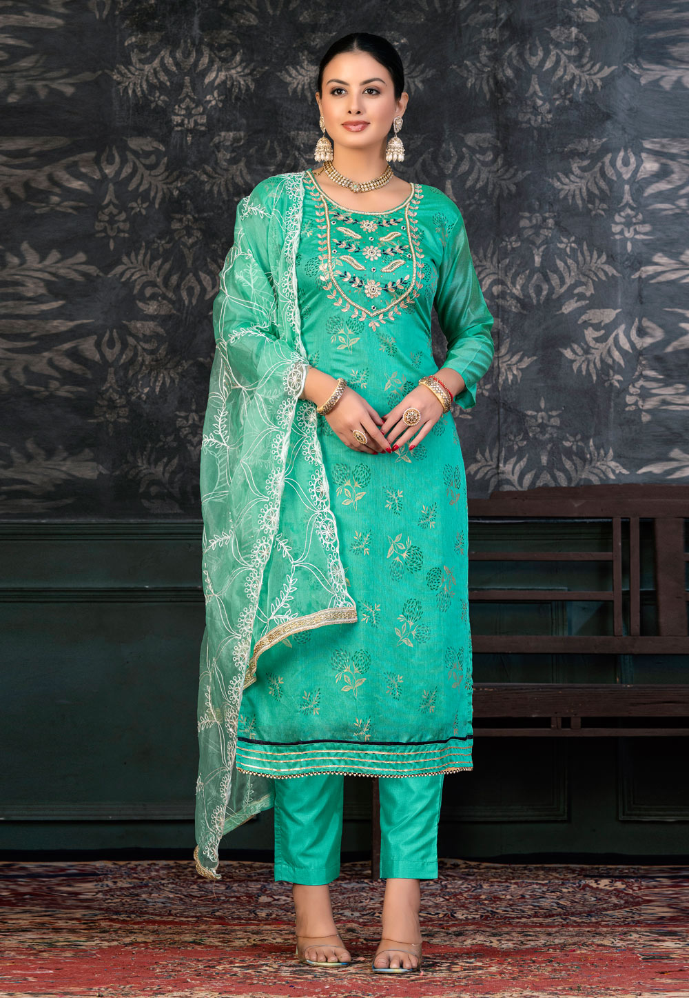 Sea Green Organza Pant Style Suit 272368