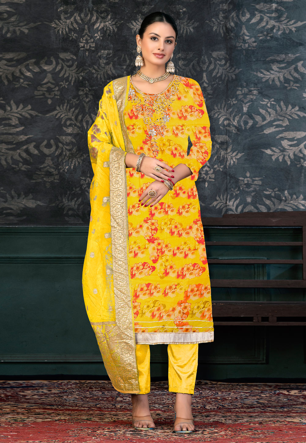 Yellow Organza Pant Style Suit 272380