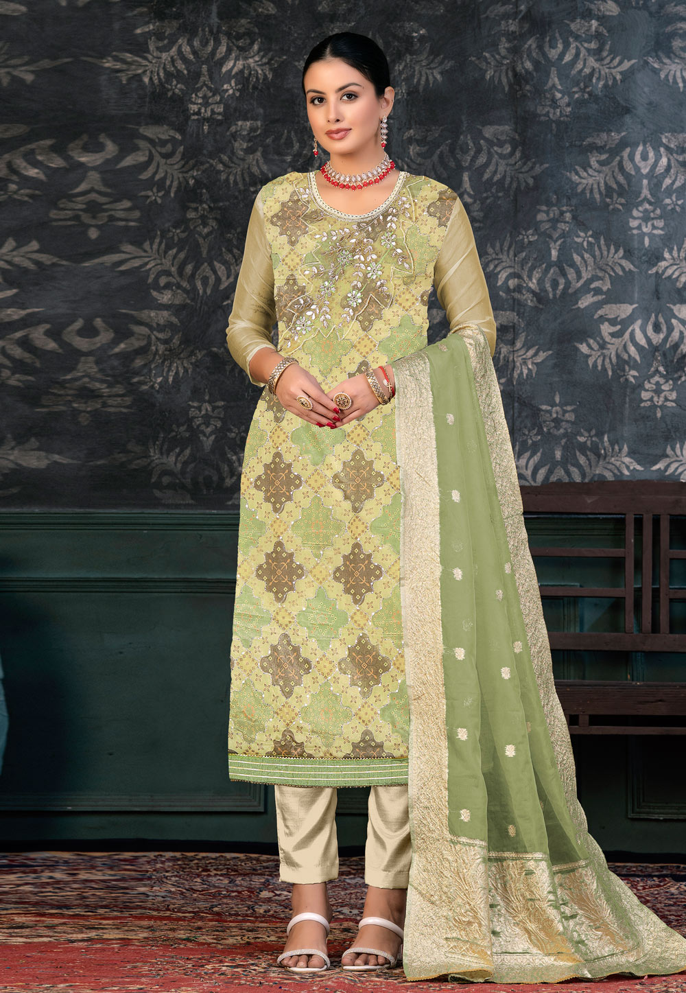 Pista Green Organza Pant Style Suit 272426