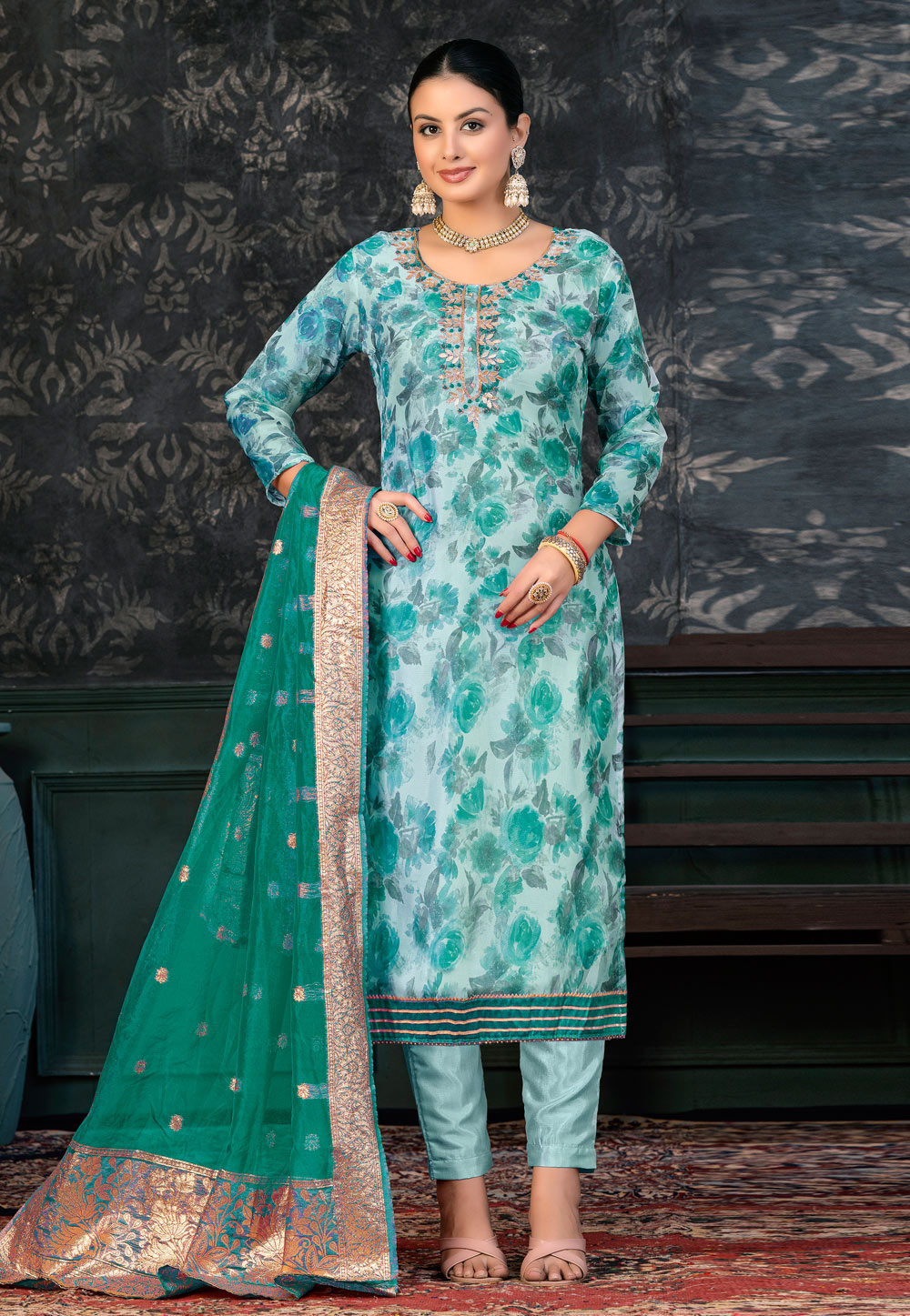 Sea Green Organza Pant Style Suit 272432