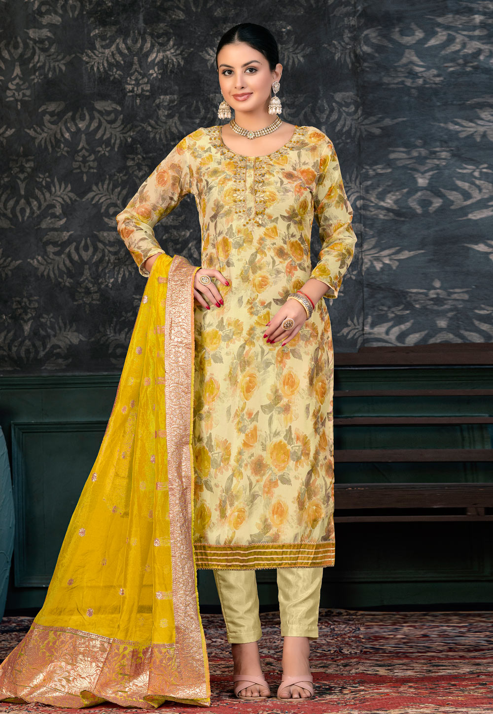Yellow Organza Pant Style Suit 272434