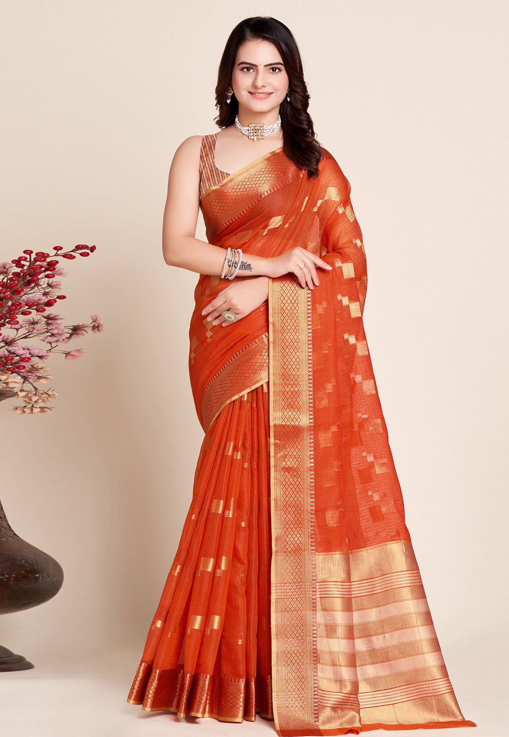 Orange Silk Saree With Blouse 273223