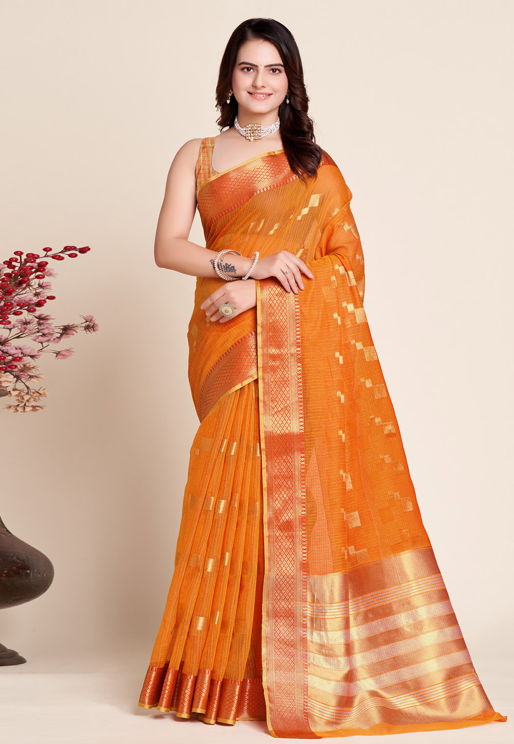 Orange Silk Saree With Blouse 273226