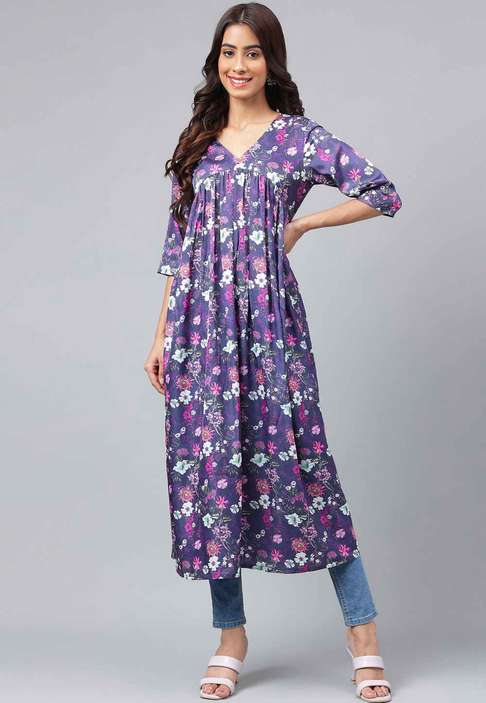 Blue Satin Printed Long Kurti 273111