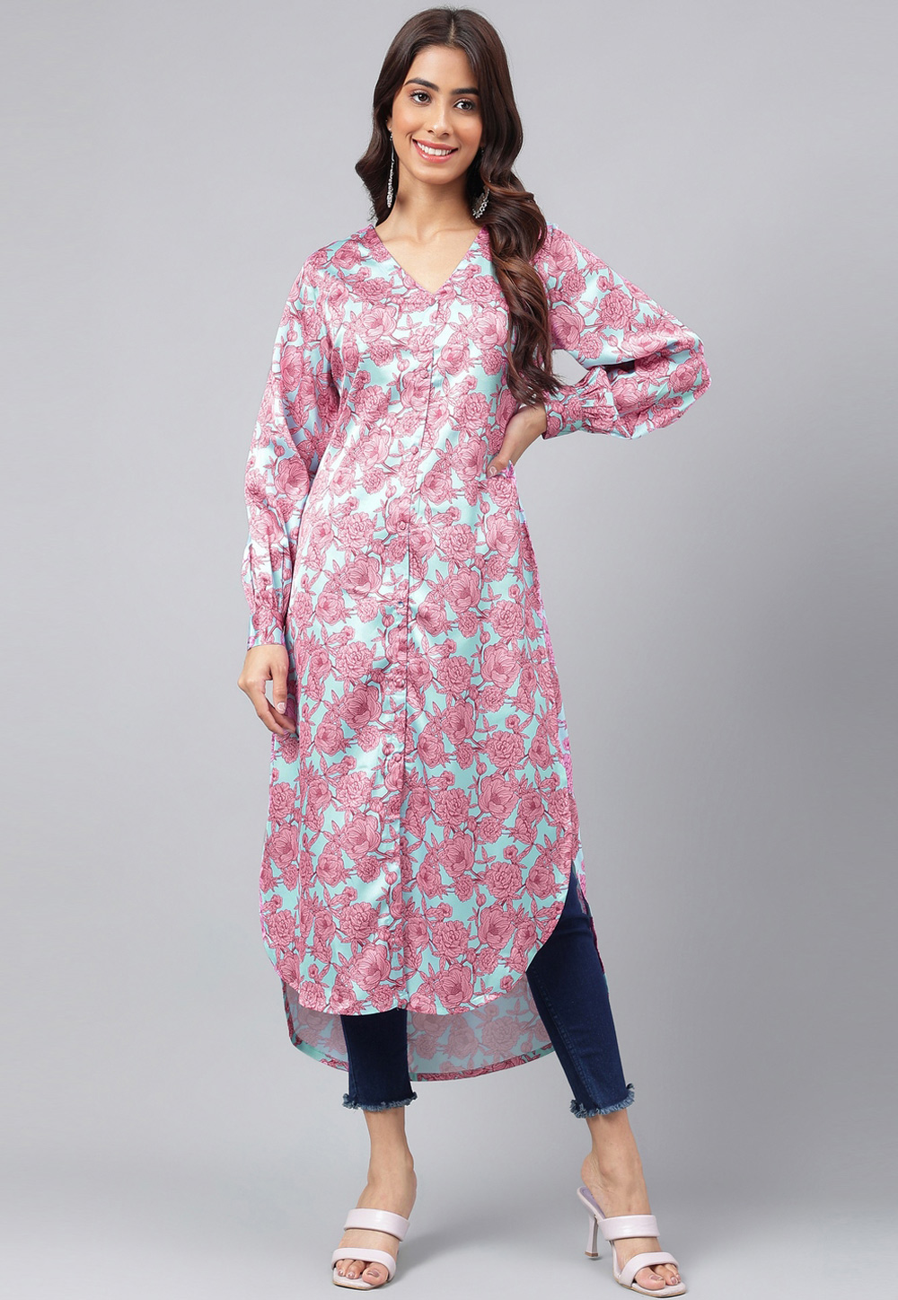 Sky Blue Satin Printed Long Tunic 273112