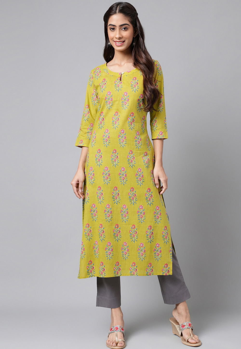 Light Green Cotton Printed Long Kurti 273113