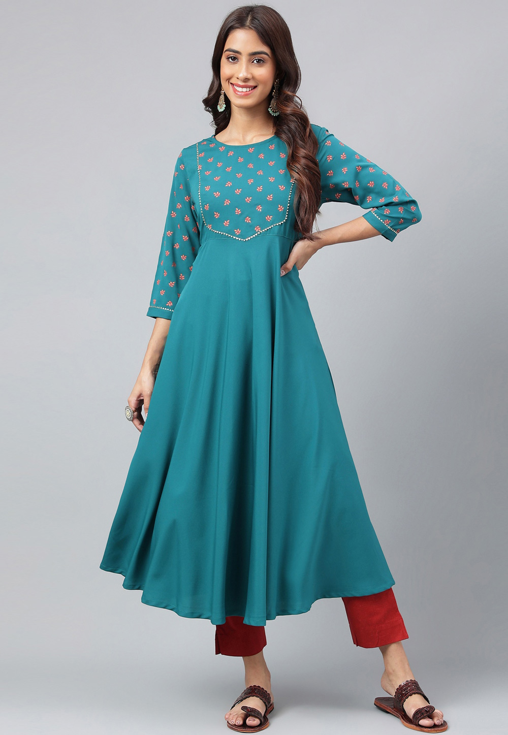 Teal Crepe Printed Long Tunic 273114