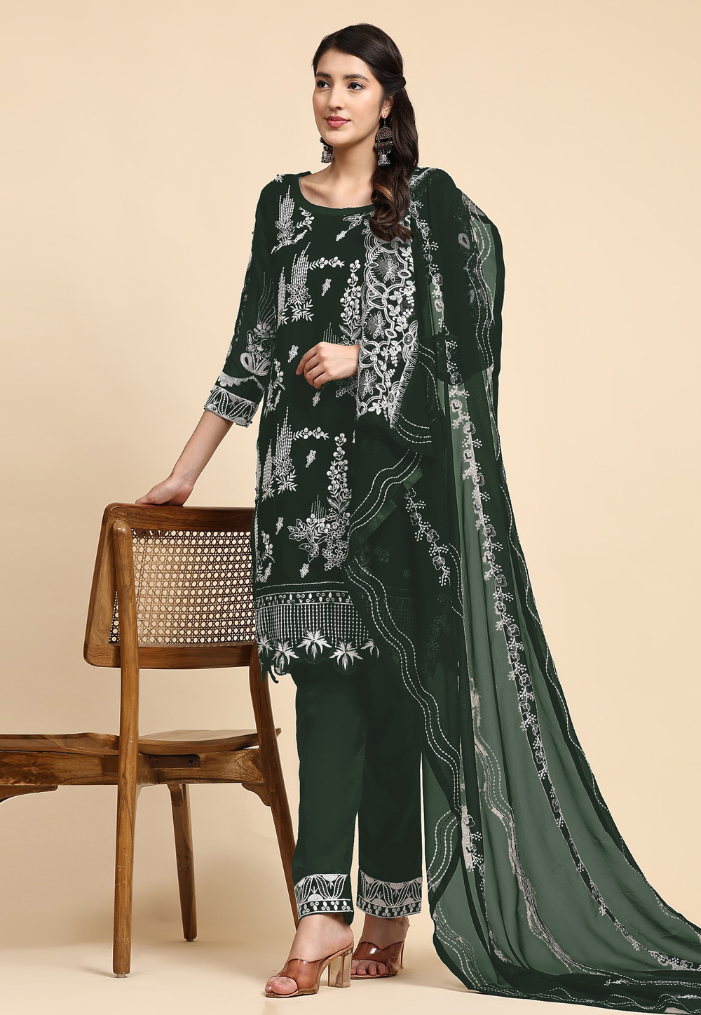 Green Faux Georgette Pant Style Suit 273200