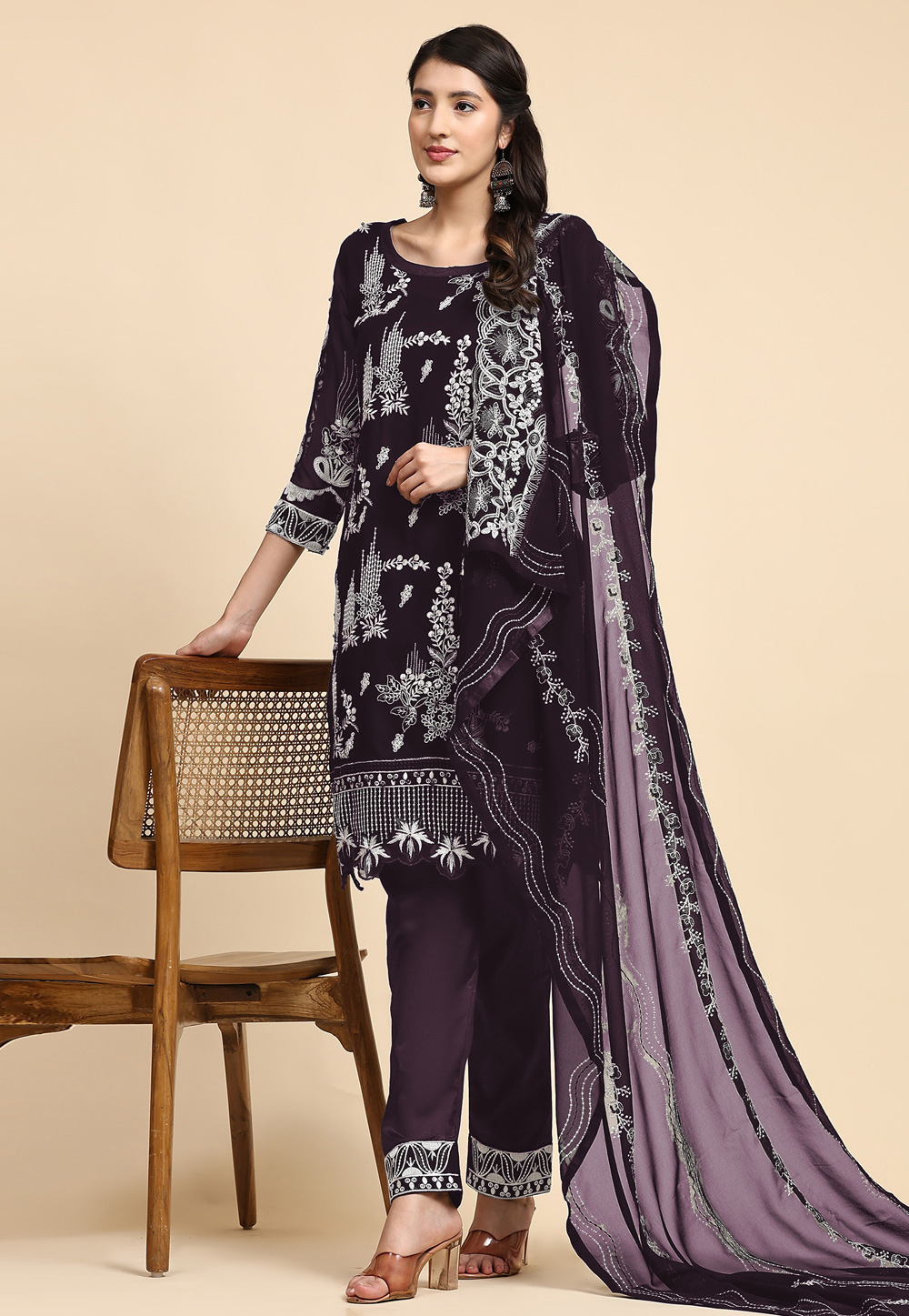 Wine Faux Georgette Pant Style Suit 273202