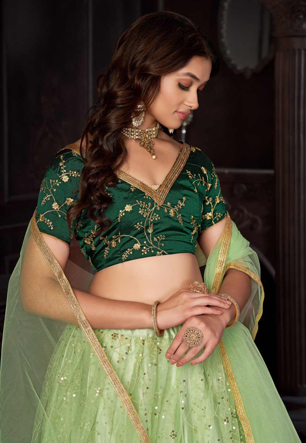 Buy Cotton Plain Green Lehenga Choli Online