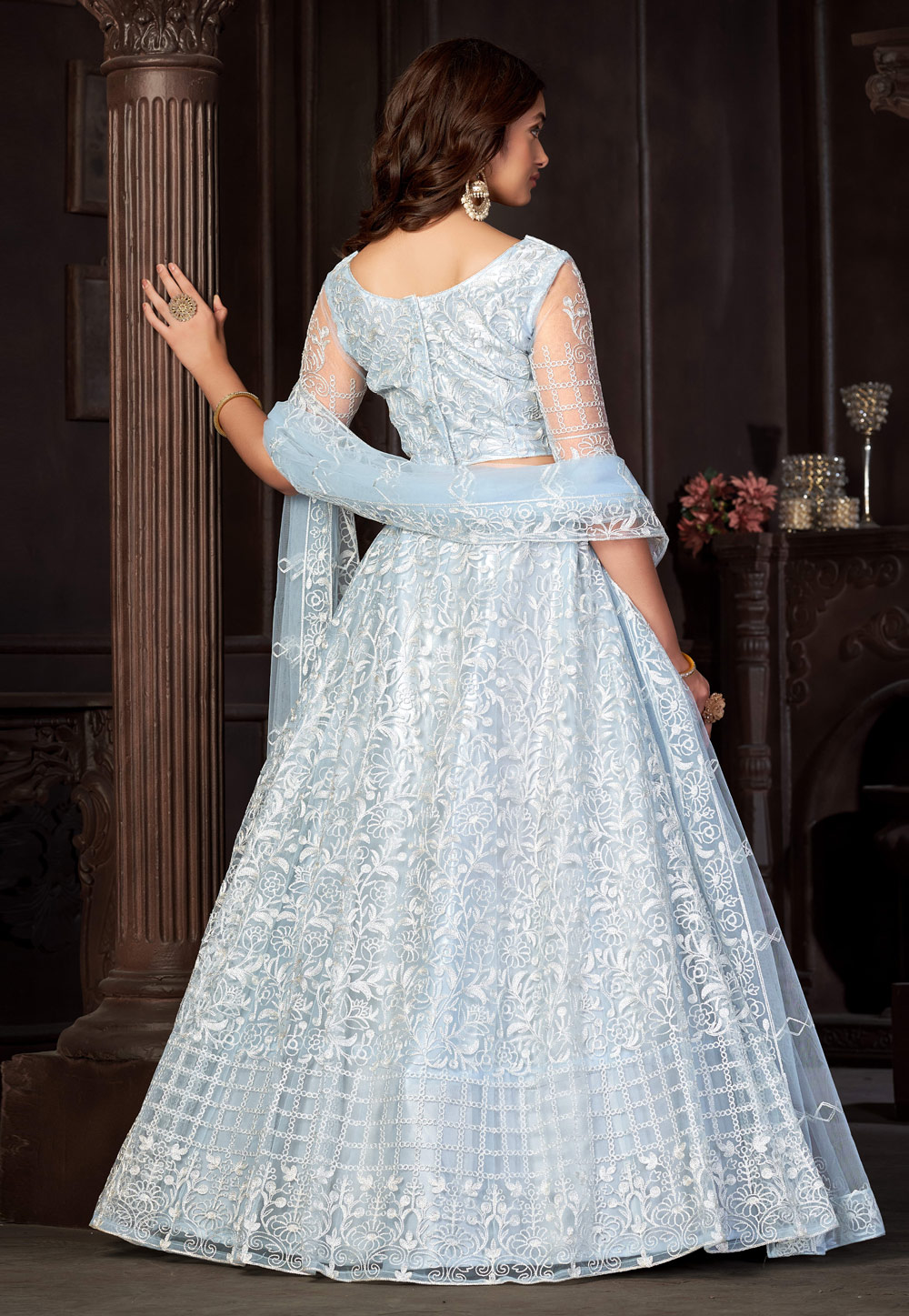 Sky Blue Sequined Net Lehenga – Tirumala Designers