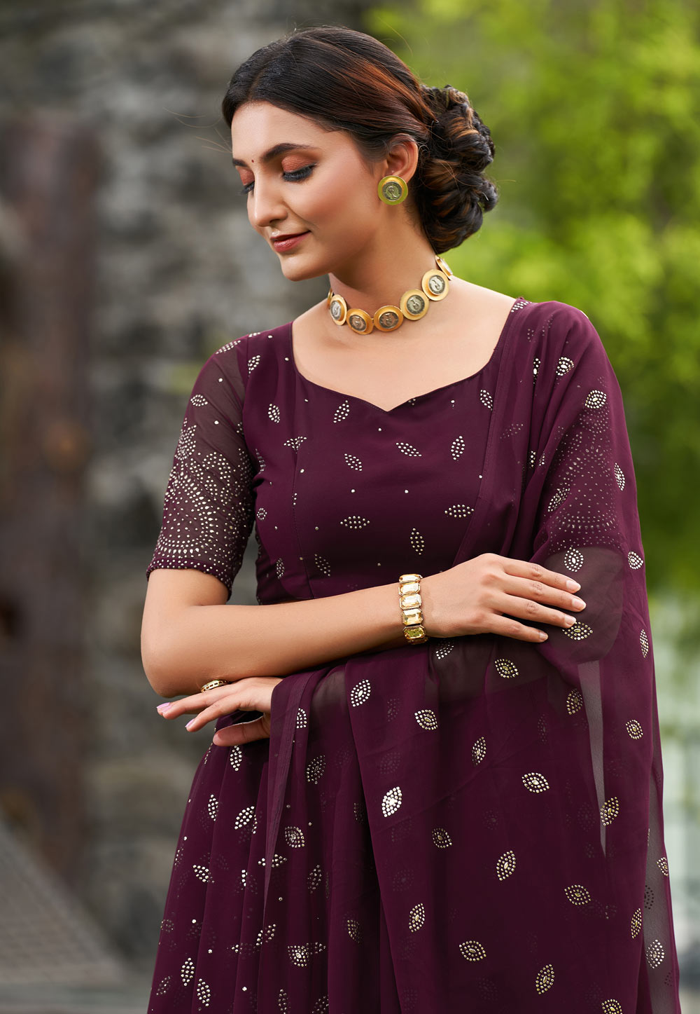 Wine thread, zari and sequins embroidered velvet semi-stitched lehenga -  MEGHALYA - 3351127