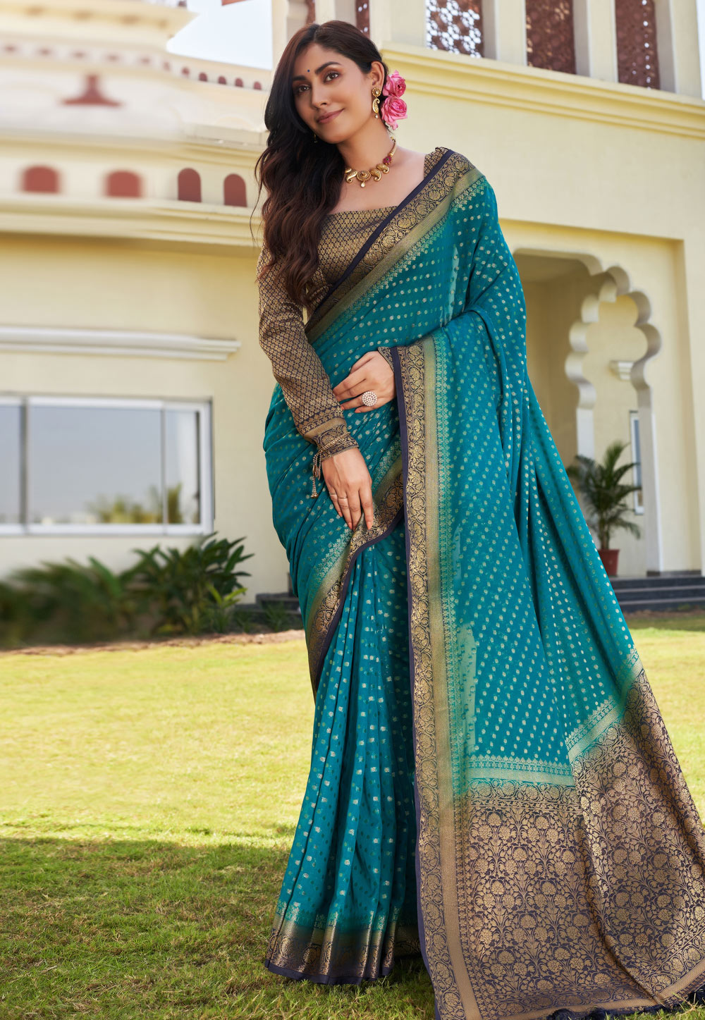 Teal Georgette Saree With Blouse 273300