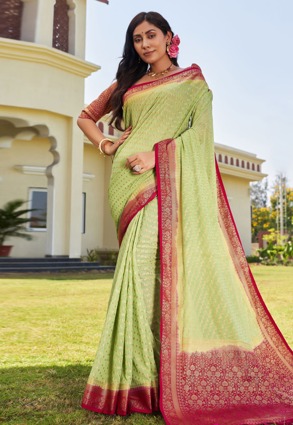 Pista Green Georgette Saree With Blouse 273302