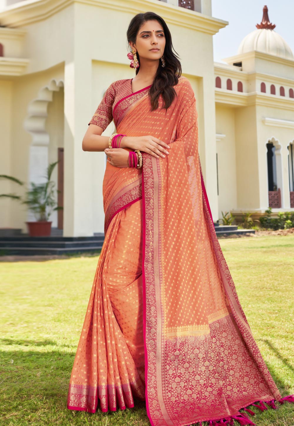Peach Ruffle Saree With Embroidered Blouse