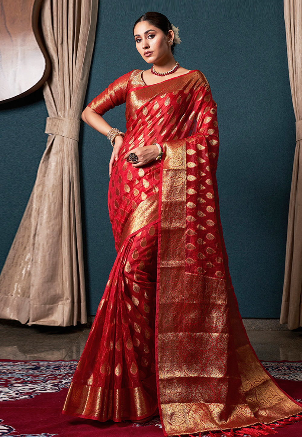Red Organza Saree With Blouse 273218