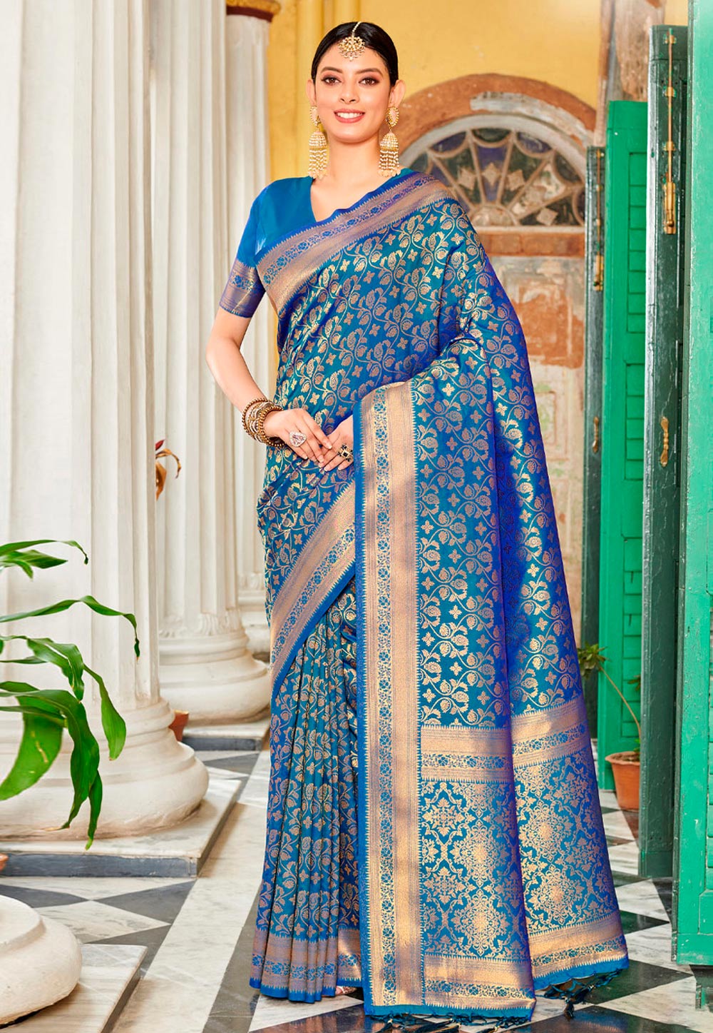 Blue Banarasi Silk Saree With Blouse 273482