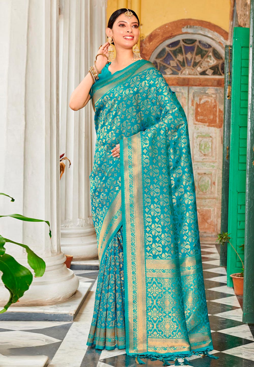 Aqua Banarasi Silk Saree With Blouse 273484