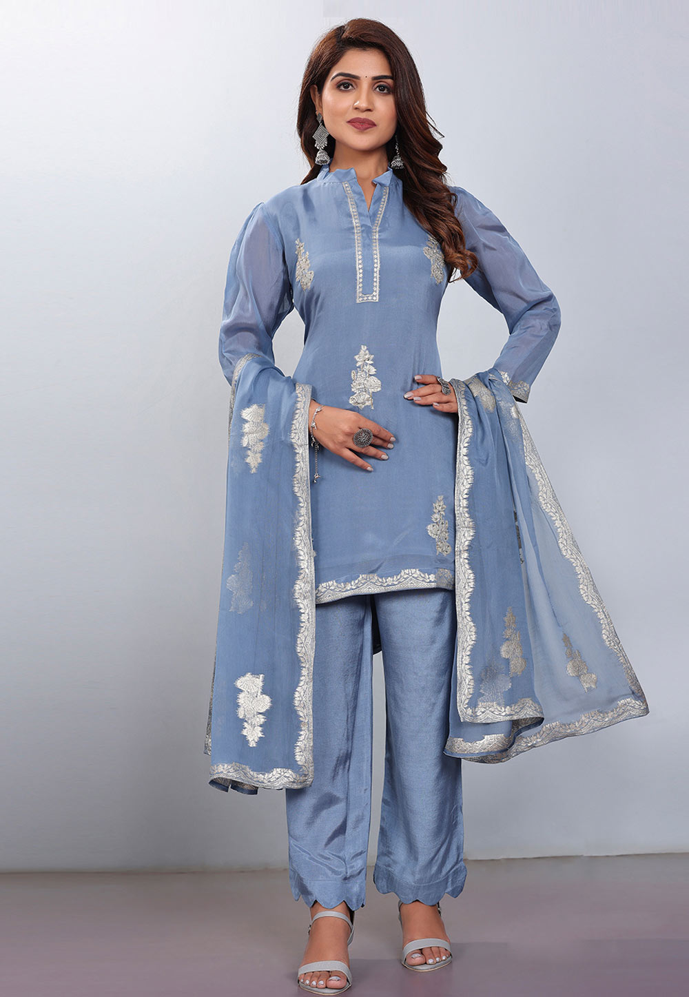 Georgette Satin Party Wear Pant Style Suit Stone Work In Dark Blue Color