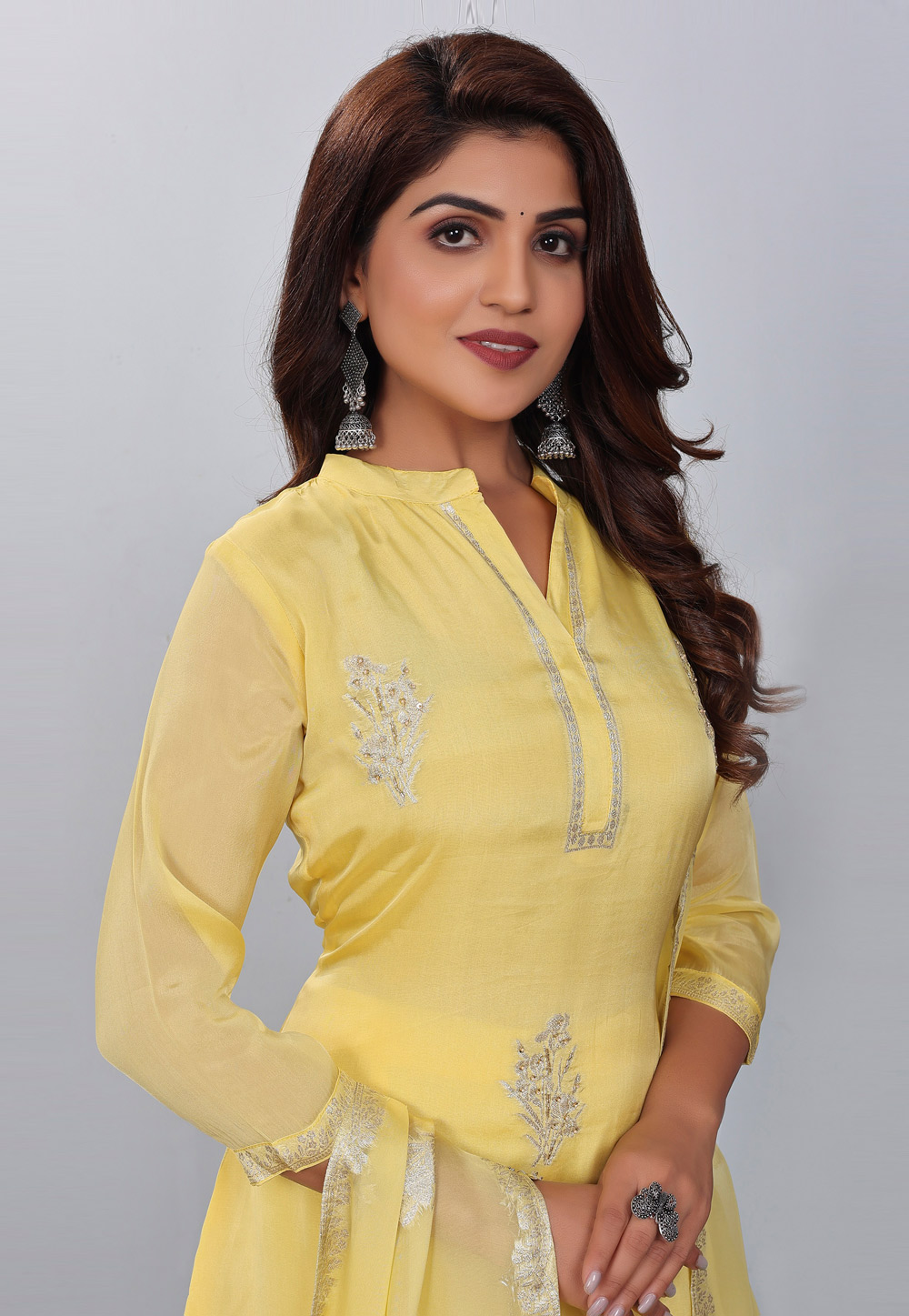 Yellow Viscose Readymade Pant Style Suit 273473