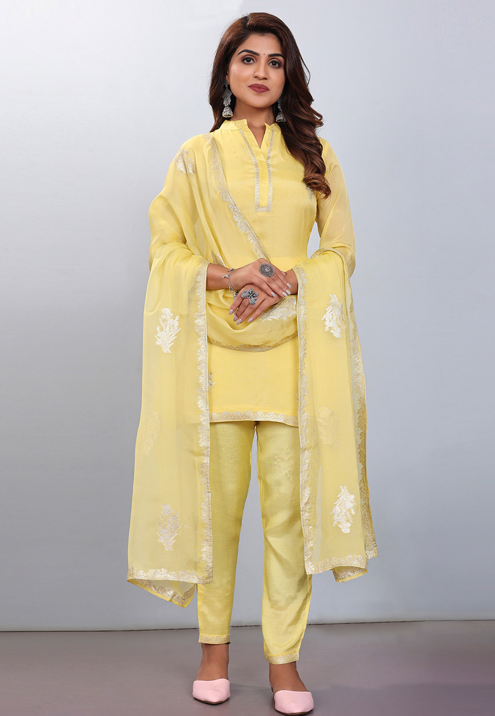 Yellow Viscose Readymade Pant Style Suit 273473