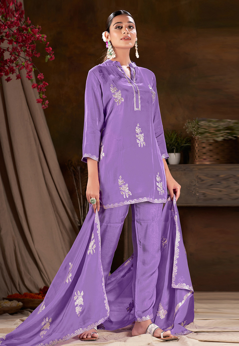 Purple Viscose Readymade Pant Style Suit 273475