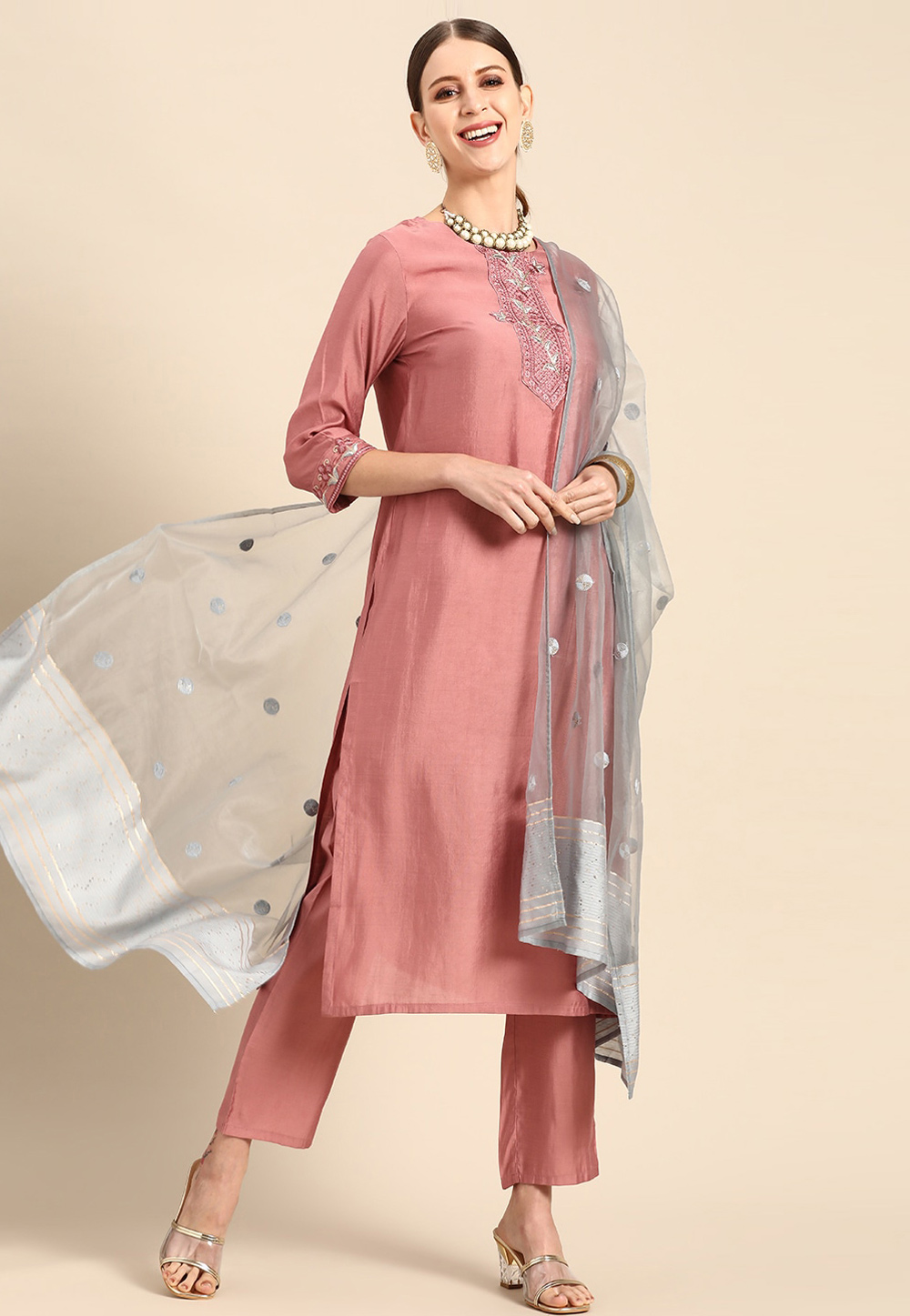 Peach Viscose Readymade Pant Style Suit 273349